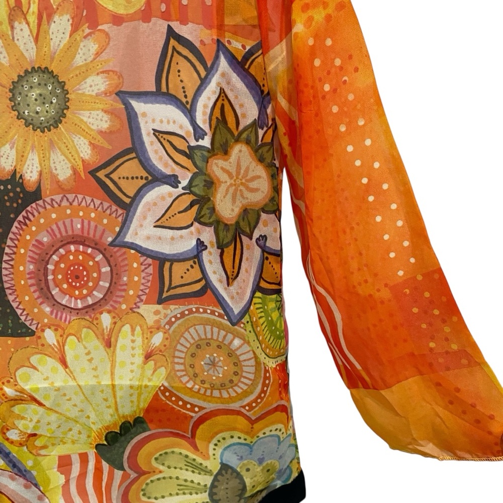 Desigual sheer festive top 3/4 sleeves floral Pom Pom V neckline orange yellow - Picture 8 of 16